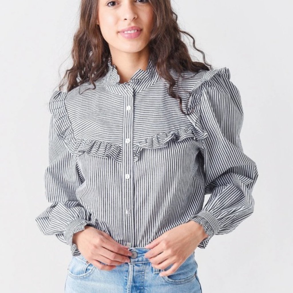 Rebecca Minkoff Grey White Linda Striped Ruffle Blouse